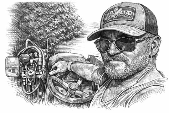 Sketch-style portrait of Lyle beside CNC and metalworking equipment